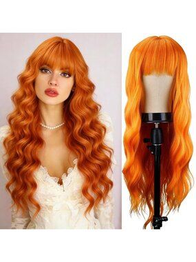 Women's Orange 26 Inch Natural Looking Synthetic Fiber Long Wavy Wigs Bangs
